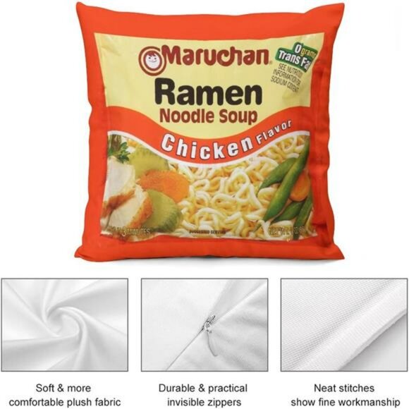 Funny Food Throw Pillow Cover 18x18 Velvet Soft Ramen Noodle Cushion for Sofa Be - Picture 4 of 7